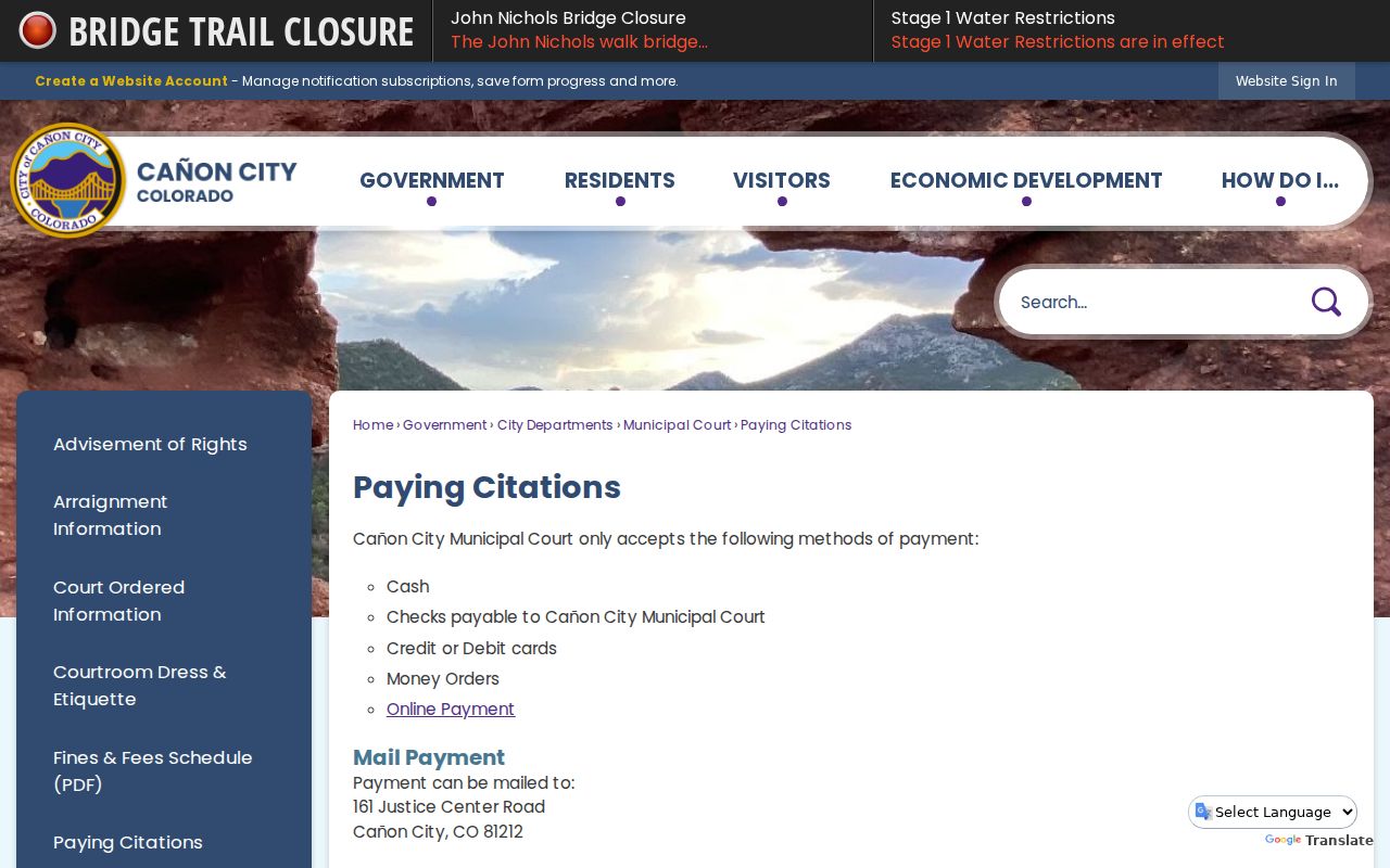 Cañon City official citation payment information for Fremont County traffic court matters