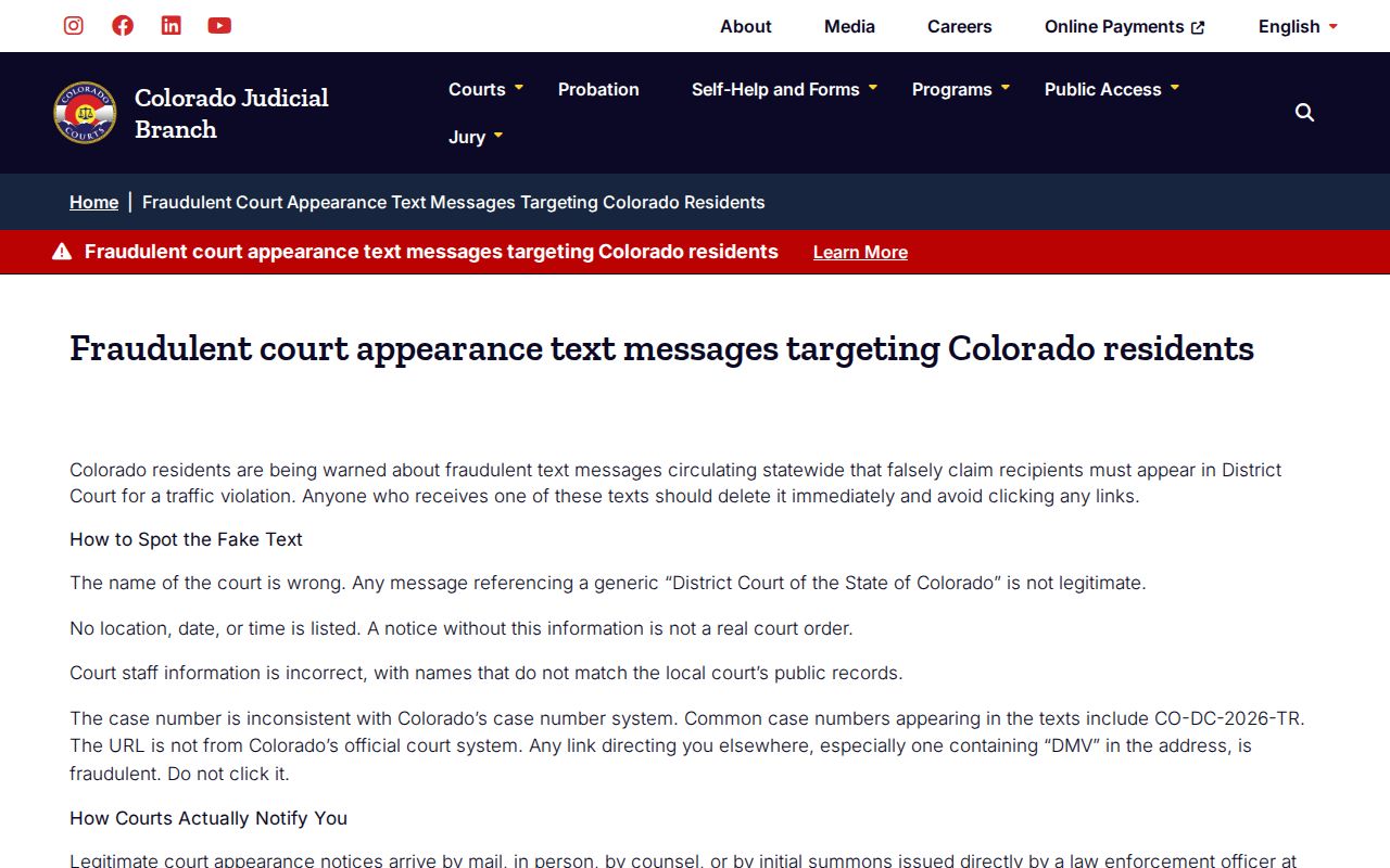 Colorado Judicial Branch warning about fraudulent traffic court text messages