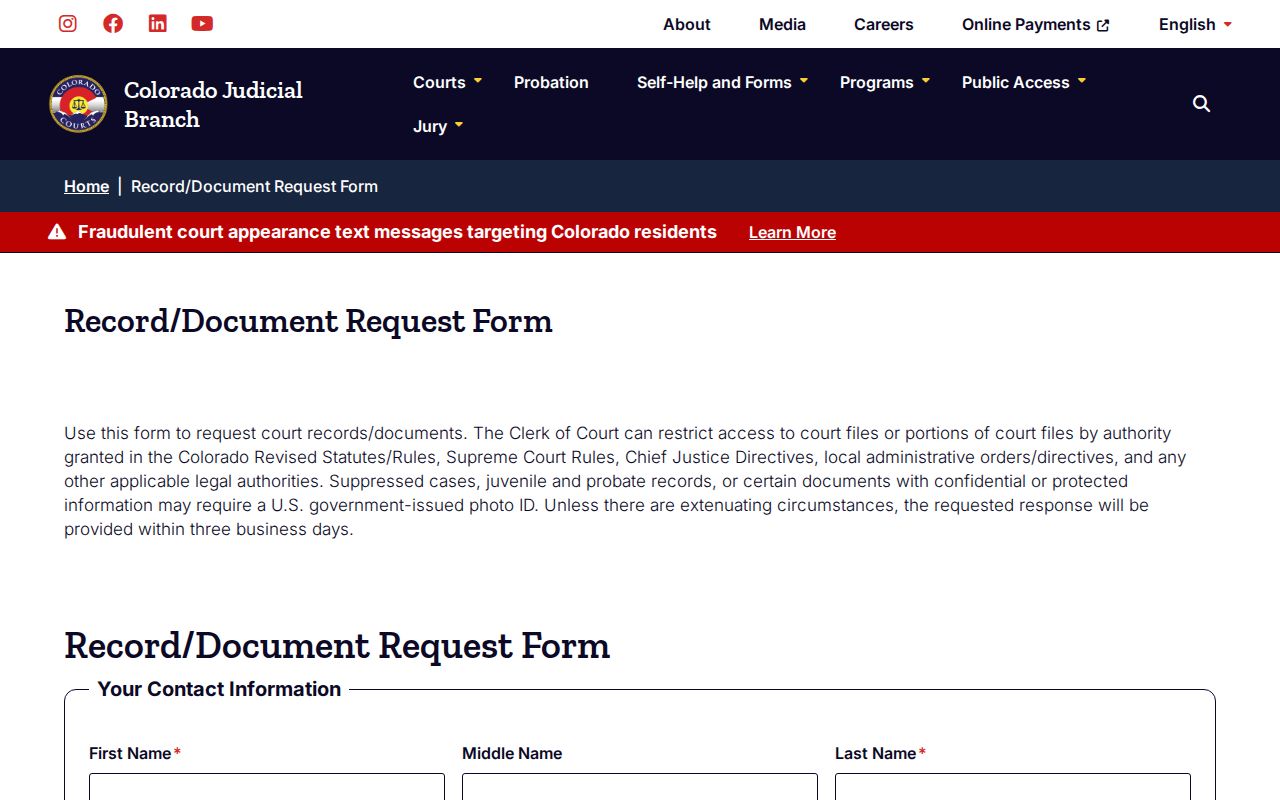Colorado court document request form for Fremont County